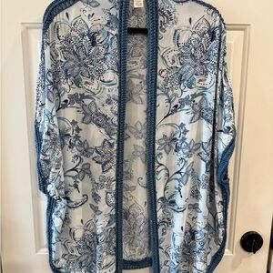 Chico's White and Medium Blue Floral Open Front Cardigan